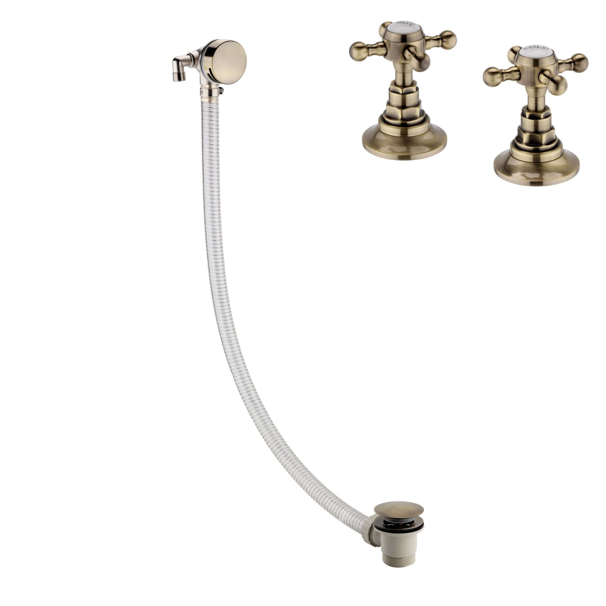Buy Traditional overflow bath filler with 3/4" deck bath side valves (pair) - antique brass online UK